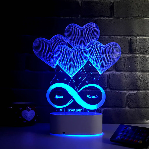 Heart Shape 3D Led Lamp With Your Name & DOB